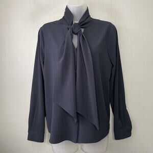 Vince Camuto Blouse Size Small Navy Blue Tie Neck Bow Office Secretary Old Money